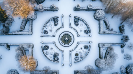 Aerial drone view of beautiful winter landscape with snow covered trees in the parkの写真素材