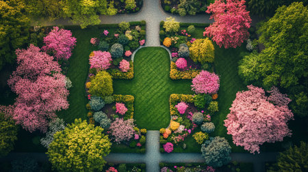 Aerial view of beautiful spring garden with blooming trees and grassの写真素材