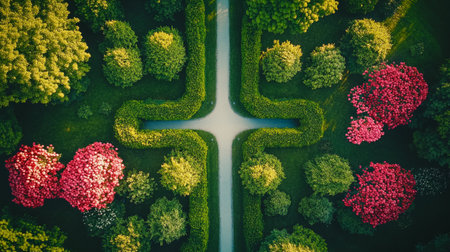 Beautiful aerial view of blooming garden in spring time. Spring landscapeの写真素材