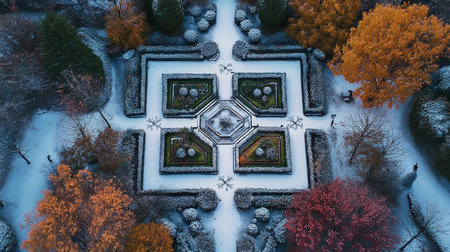 Aerial view of beautiful winter landscape with snow covered trees and pondの写真素材
