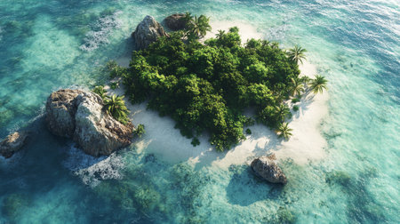 Aerial view of tropical island with palm trees and turquoise seaの写真素材