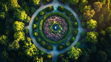 Aerial view of a beautiful green garden with round flowerbeds and trees.の写真素材