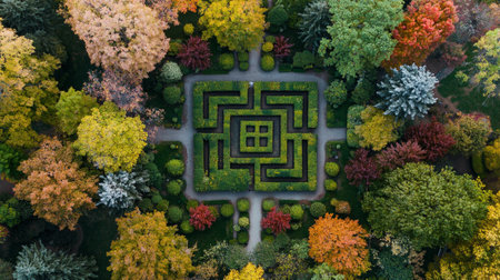 Aerial view of beautiful garden in autumn season. Top view.の素材