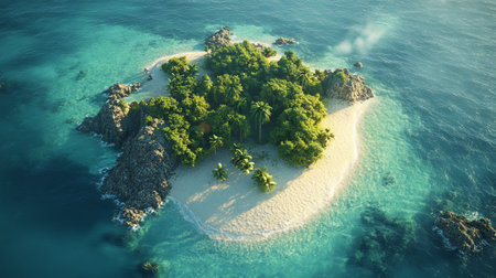 Aerial view of a small island with palm trees and an island in the oceanの写真素材