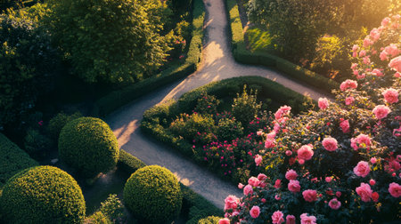 Beautiful view of the garden with blooming roses and path.の写真素材
