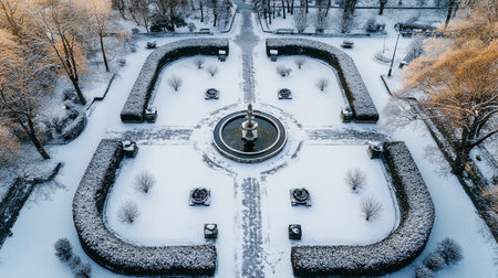Aerial view of a park with a fountain in the middle of the winter.の素材