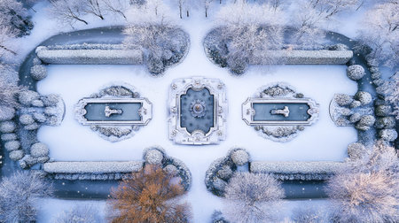 Aerial view of the park in winter. Top view of the park in winter.の写真素材