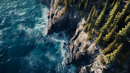Aerial view of the sea and cliffs with pine trees in the foregroundの写真素材