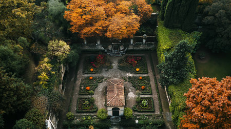 Aerial view of the garden in autumn. Top view of the beautiful garden.の写真素材