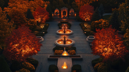 3d render of fountain in the park at night with colorful leavesの写真素材