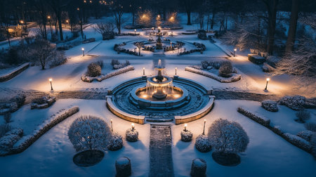 Beautiful winter landscape with a fountain in the park at night.の写真素材