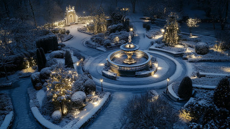 Fountain in the park at night. Beautiful winter landscape with snowfall.の写真素材