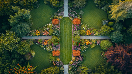 Aerial view of beautiful green park with flowers and trees. Top viewの素材