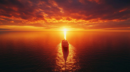 Aerial view of a cruise ship in the sea at sunset.の写真素材