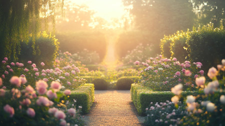 Beautiful flower garden in the morning light, vintage color tone.の写真素材