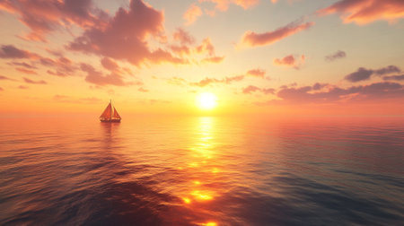 Sailing boat in the sea at sunset. 3d render illustrationの写真素材