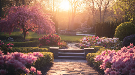 Beautiful spring garden with blooming trees and bench at sunset.の写真素材