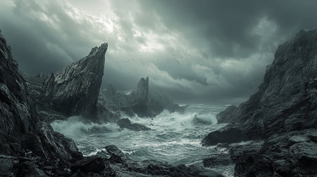 Fantasy seascape. Rocks and sea in stormy weatherの写真素材