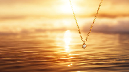 Beautiful gold pendant on the background of the sea and sunsetの素材