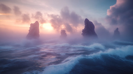 Beautiful seascape with sea waves and rocks at sunset.の写真素材