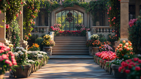 Flower garden with stairs and flowers in San Francisco, California, USAの写真素材