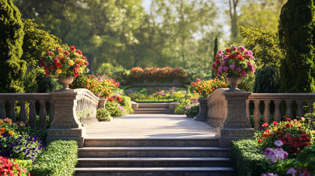 Beautiful flower garden in the morning light. Beautiful landscaped garden.の写真素材