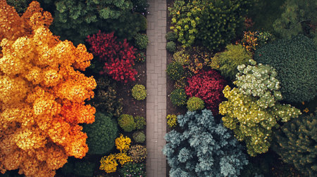 Aerial view of autumnal park with colorful flowers. Top viewの写真素材