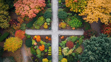 Top view of cross in the garden with colorful autumn trees and bushesの写真素材