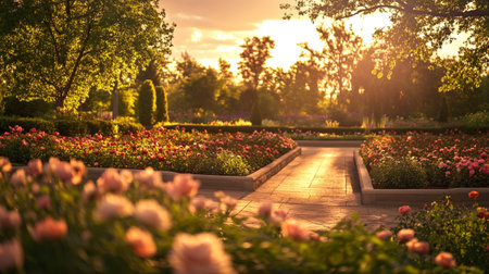 Sunset in the city park. Beautiful summer landscape with blooming flowers.の写真素材