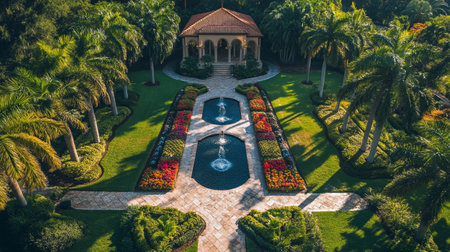 Aerial view of beautiful tropical garden with palm trees and flower bedsの写真素材