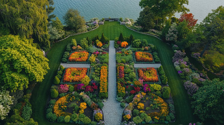 Aerial view of beautiful blooming flowerbeds in the gardenの写真素材