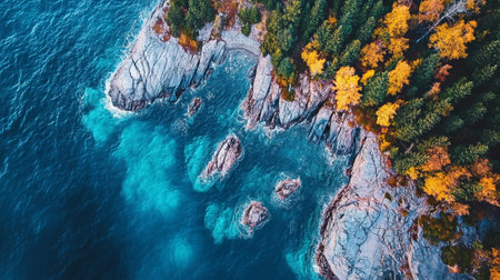 Aerial view of the rocky coast of Lake Baikal in autumnの写真素材