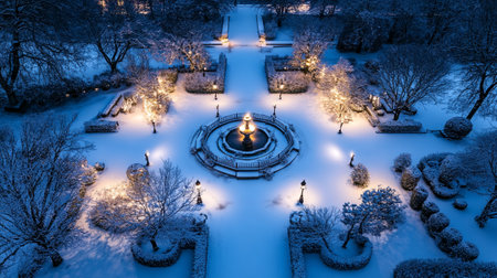 Aerial view of the park at night in the winter time.の写真素材