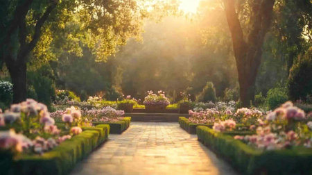 Flower garden in the morning. Beautiful flower garden in the morning.の写真素材