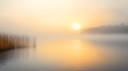 Shore of a foggy lake at sunrise in autumn, Almere, Flevoland, The Netherlandsの写真素材