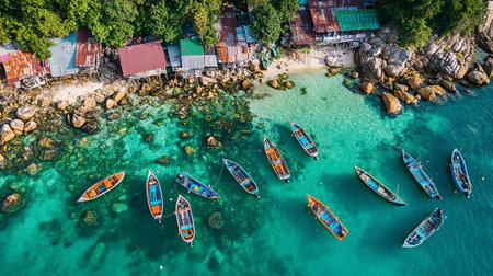 Aerial view of beautiful tropical beach and sea with boats in Thailandの写真素材