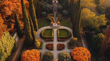 Aerial view of a beautiful garden with autumn colorsの写真素材