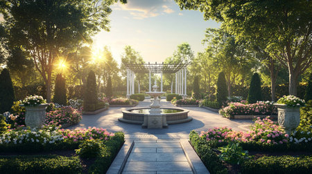 garden with fountain in the park at sunset,3d renderの素材