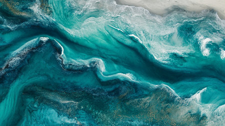 Turquoise abstract marble texture background. Acrylic painting on canvas with waves.の写真素材
