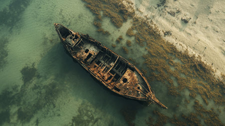 Aerial view of an old rusty ship on the seashoreの写真素材