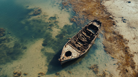 Abandoned boat on the seashore. View from above.の写真素材