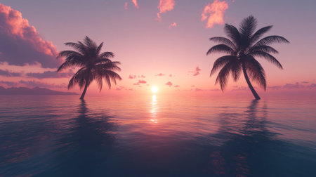 3D render of a beautiful sunset over a tropical island with palm treesの写真素材