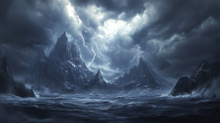 Fantasy alien planet. Mountain and sea. 3D illustration.の写真素材