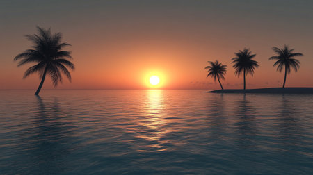 Beautiful sunset over the sea with palm trees. 3d renderの写真素材
