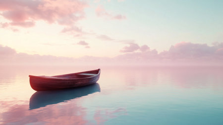 Fishing boat on the lake at sunrise. Conceptual image.の素材