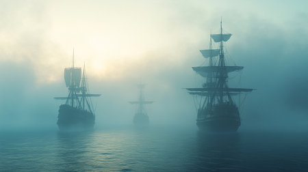 Sailing ships in a foggy sea. 3D illustration.の写真素材