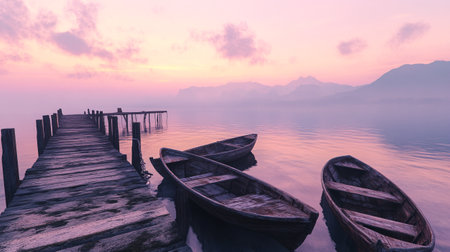 Fishing boats on the lake at sunrise with mist and fog.の写真素材