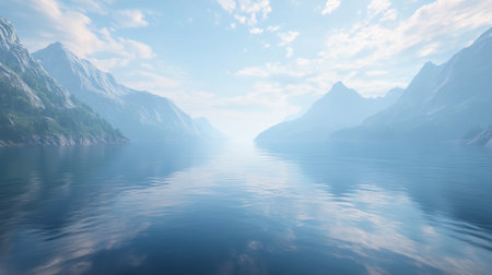 Fantastic winter landscape with lake and mountains. 3d renderの写真素材