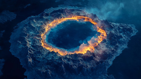 Volcanic eruption. Fire in the crater. 3D renderingの写真素材