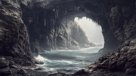 Beautiful seascape with dark cave and sea. 3d renderingの写真素材